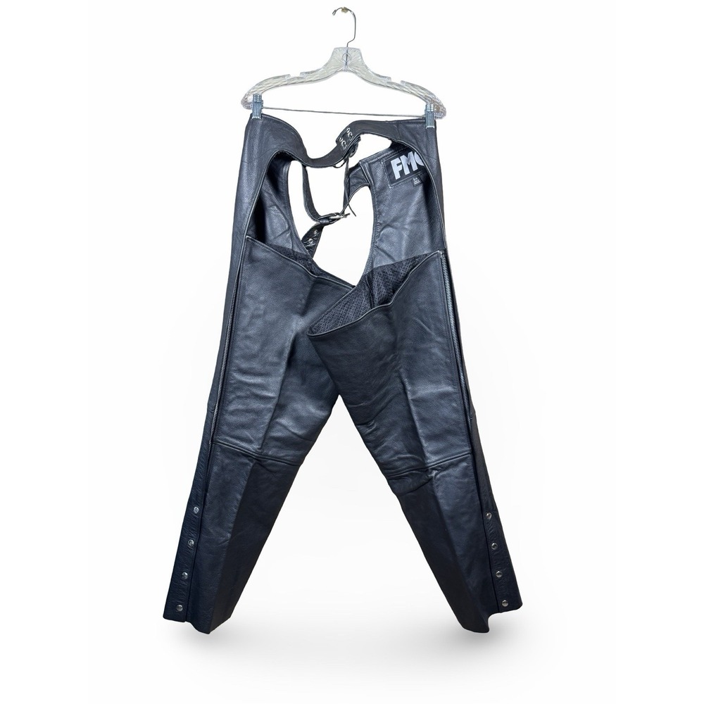 FMC First Manufacturing Co Black Leather Motorcycle Chaps Men's Size 5X 5XL‎